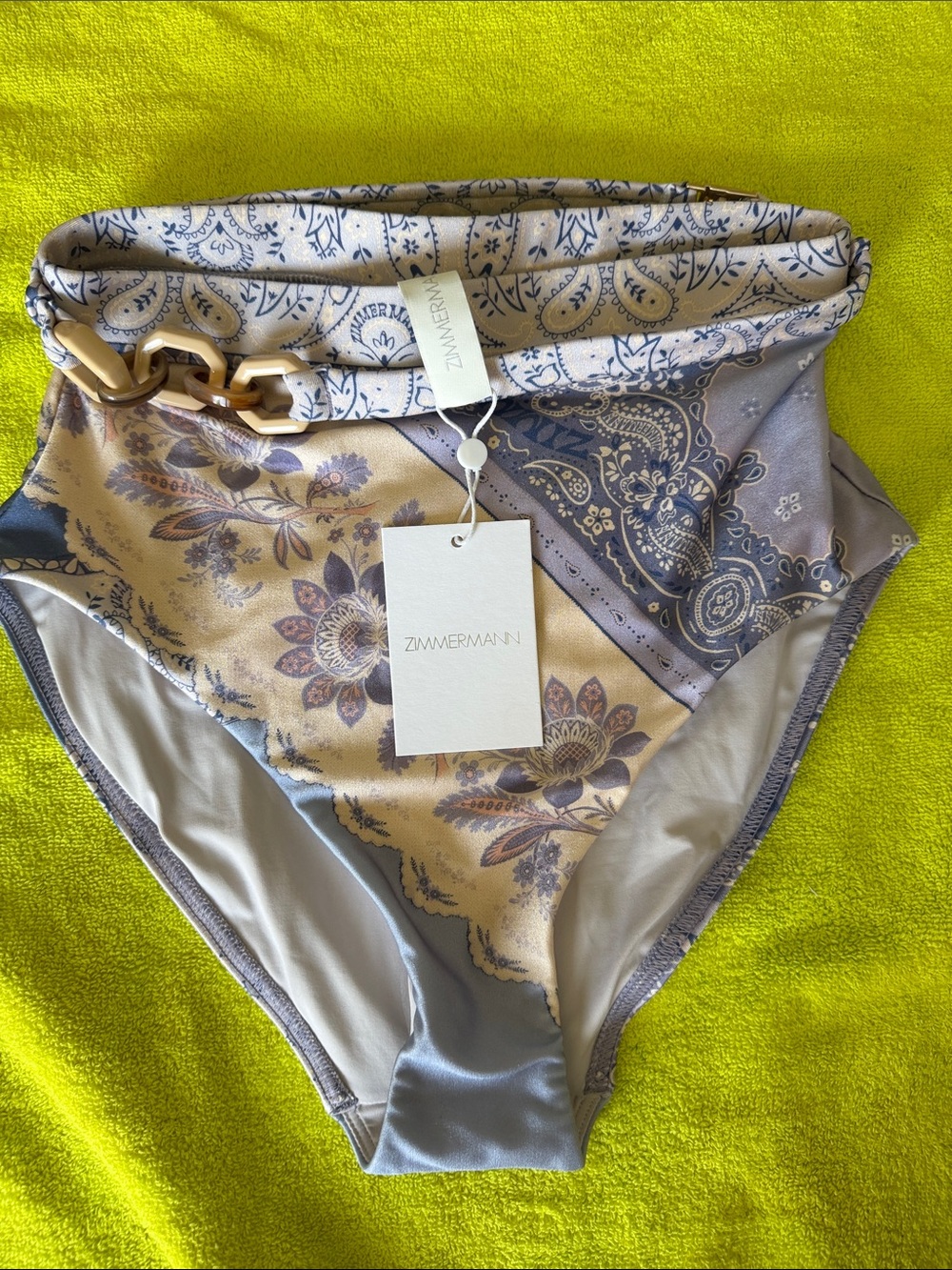 Zimmermann Paisley High-Waist Bikini Bottoms in Blue and Beige with Chain Accent